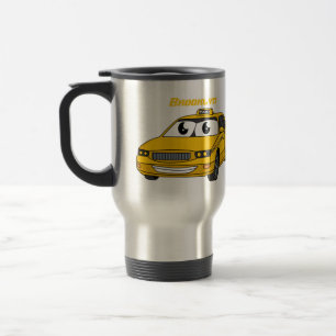 Cute yellow taxiplezier cartoon illustratie reisbeker