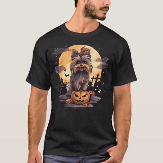 Cute Yorkie Dog Halloween Pumpkin Bats and Moon T-shirt (Voorkant)