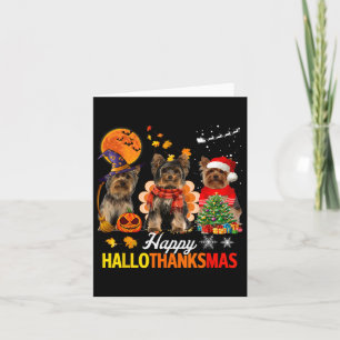 Cute Yorkie Happy Hallothanksmas Halloween Thanksg Kaart