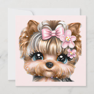 Cute Yorkie met een roze bus Feestdagenkaart