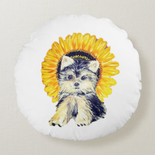 Cute Yorkie Puppy Dog & Sunflower on White Rond Kussen
