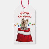Cute Yorkshire Terrier Dog in Santa Bag Cadeaulabel (Voorkant)