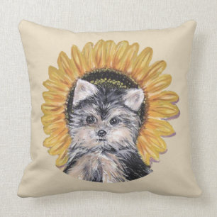Cute Yorkshire Terrier Dog & Sunflower on Beige Kussen