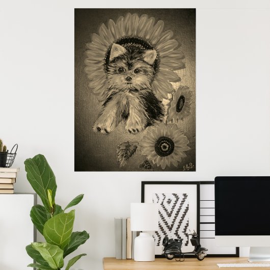 Cute Yorkshire Terrier met zonnebloemen Poster (Thuiskantoor)