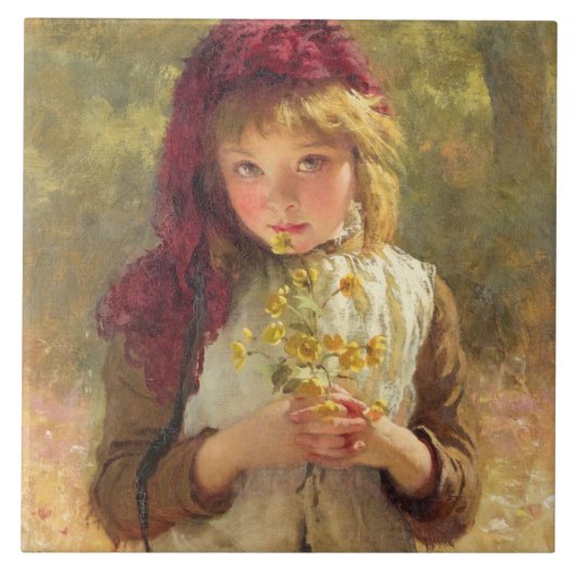 Cute Young Girl Holding Yellow Buttercup Flowers Tegeltje (Voorkant)