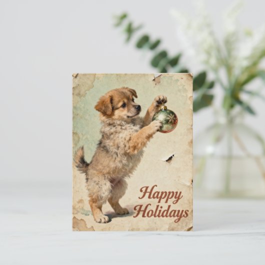 Cute Your Text Season’s Greetings Puppy Postcard Feestdagenkaart (Staand voorkant)