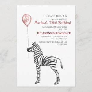 Cute Zebra Boy's Third Birthday Party Invitation Kaart