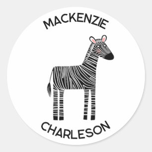 Cute Zebra Custom Name Classic Round Sticker