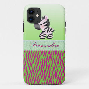 Cute Zebra Faux Green & Pink Texture Animal Print iPhone 11 Hoesje