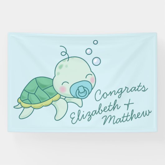 Cute Zee Turtle Baby shower Kawaii Banner Blue Boy (Horizontaal)