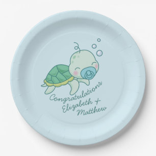 Cute Zee Turtle Baby shower Kawaii Blue Boy Papieren Bordje