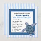 Cute Zee Turtle Birthday Party Invite - Blue Kaart (Voorkant / Achterkant)