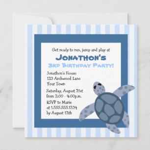 Cute Zee Turtle Birthday Party Invite - Blue Kaart