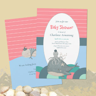 Cute Zeevaart Walvis Octopus Roze Baby Shower Kaart