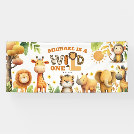 Cute ZOO Animals Safari WILD ONE 1st Birthday  Spandoek (Horizontaal)