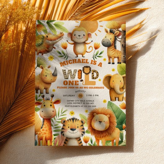 Cute ZOO Safari Animals WILD ONE 1st Birthday Kaart