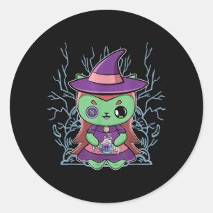 Cute Zwarte Kat Heksenhoed En Magische Drank Voor Ronde Sticker