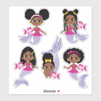 Cute Zwarte Zeemeermin Meisje Stickerblad (5 stuks Sticker