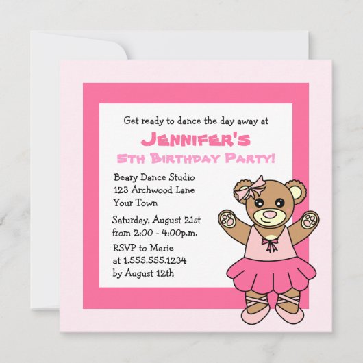 CuteBallet Teddy Bear Theme Party Kaart (Voorkant)