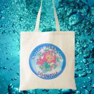 Cutest Mermaid under Zee with Flowers Tote Bag