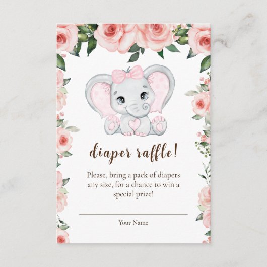 Cutie Elephant Blush Pink Floral Diaper Raffle Informatiekaartje (Voorkant)