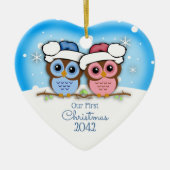 Cutie Owl Couple Premier ornement de Noël (Devant)