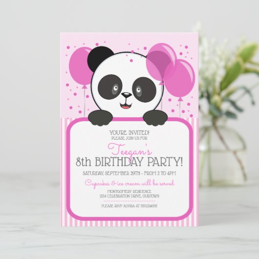 Cutie Panda Rose Invitations de fête d'anniversair (Debout devant)
