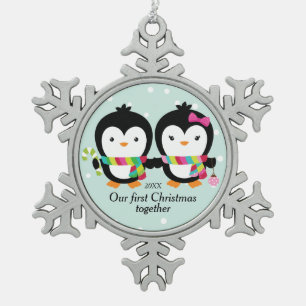 Cutie Penguin Couple Eerste Kerstmis Tin Sneeuwvlok Ornament