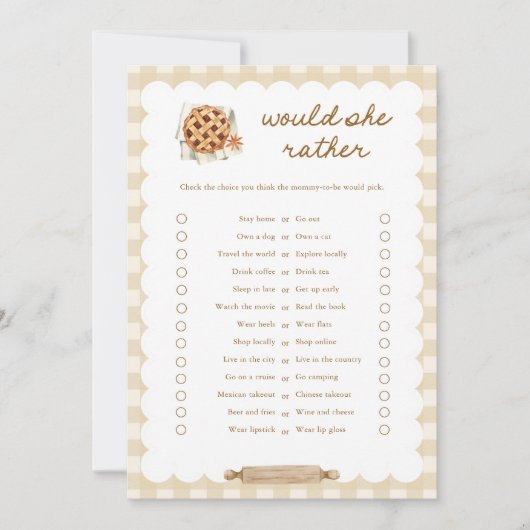 Cutie Pie Baby Shower Would She Rather Spelkaarten Kaart (Voorkant)