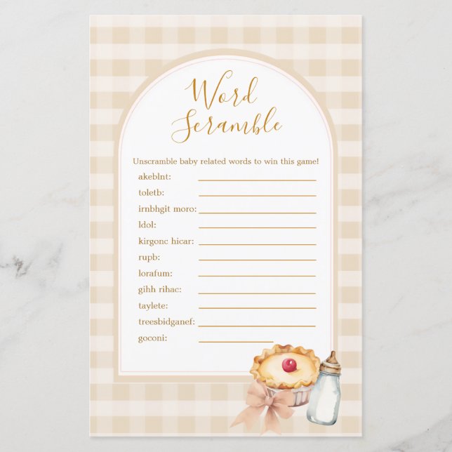 Cutie Pie Pastel Gingham Douche Word Scramble Game (Voorkant)