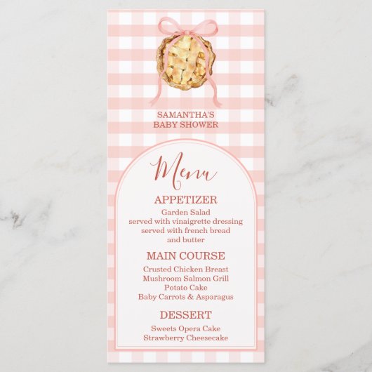 Cutie Pie Pastel Pink Bow Gingham Fall Baby Shower Menu (Voorkant)