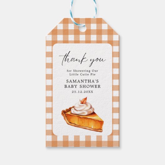 Cutie Pie Pumpkin Herfst Baby shower Gingham Cadeaulabel (Voorkant)