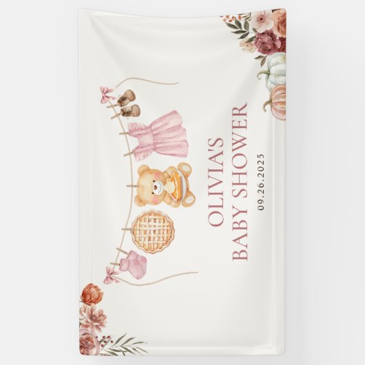 Cutie Pie Roze Herfst Beer Meisje Baby shower Welk Spandoek (Verticaal)