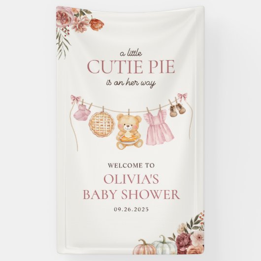 Cutie Pie Roze Herfst Beer Meisje Baby shower Welk Spandoek (Verticaal)