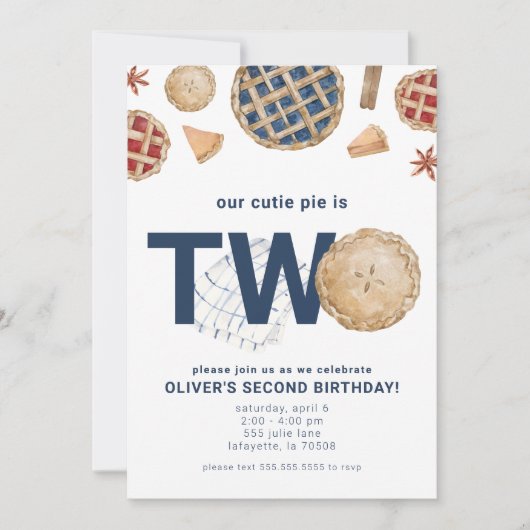 Cutie Pie Second Birthday Party Invitation Kaart (Voorkant)