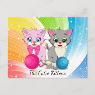 Cutie Pink en Gray Kittens Cartoon Briefkaart