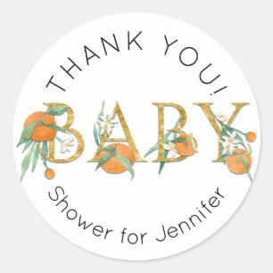 Cutie Sinaasappel Bloemen Groen Dank u Baby shower Ronde Sticker
