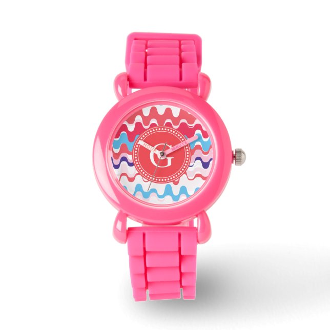 Cutkleurig roze rood abstract monogram patroon horloge (Voorkant)