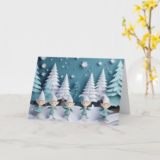 Cutout Elves in the Snow Personalized Christmas Kaart (Gele Bloem)