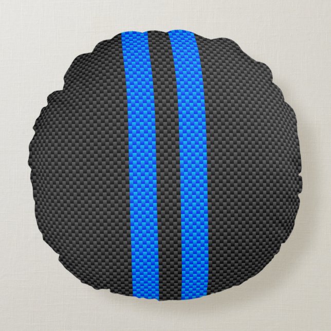 Cyaan Blue Carbon Style Racestrepes Rond Kussen (Voorkant)