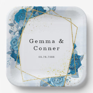 Cyaan Blue Rustic Geometric Floral Wedding Papieren Bordje
