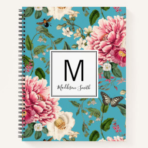 Cyaan Monogrammed Country Garden Floral Pattern Notitieboek