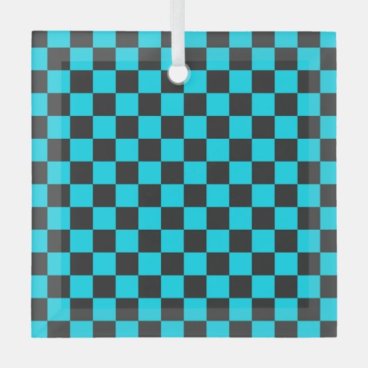 Cyan and charcoal checkerboard pattern glas ornament (Voorkant)