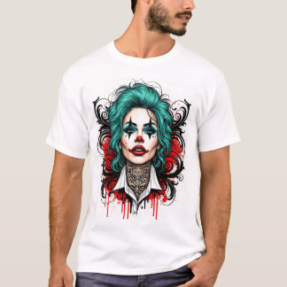 Cyan Haired Clown Queen - Spooky Chic Graphic T-shirt