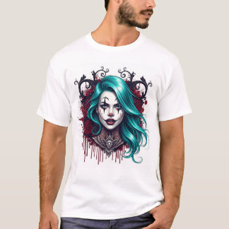 Cyan Haired Clown Queen - Spooky Chic Graphic T-shirt