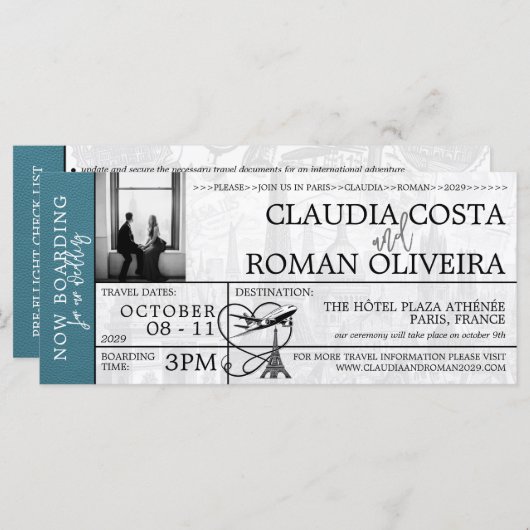 Cyan Paris Mariage Boarding Pass Invitation (Devant / Derrière)