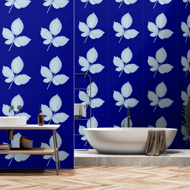 Cyano print bramble bladeren behang (Badkamer)