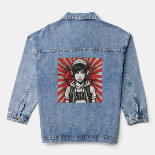 Cyber Emo Meisje met Hoofdtelefoon in Bold Pop Art Denim Jacket
