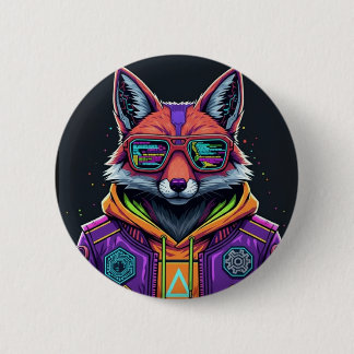 Cyber Fox Button Pin – Neon Streetwear Animal Art
