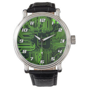Cyber Green PCB Printplaat Spoor Patroon Kunst Horloge